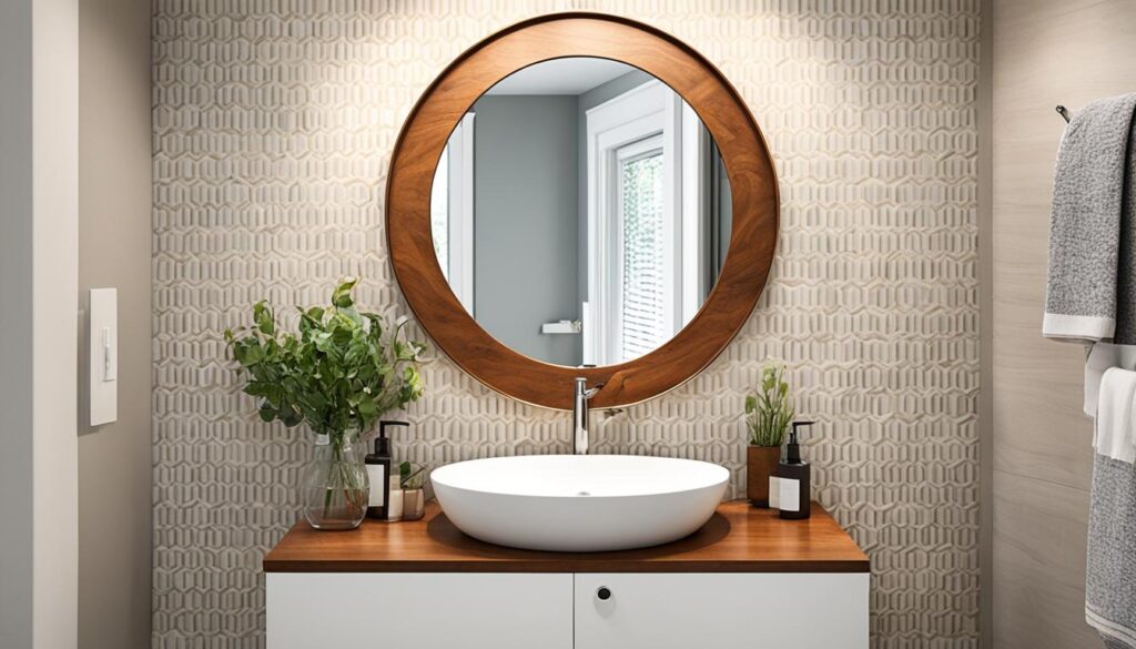 Baño pequeño con mueble de madera y espejo redondo